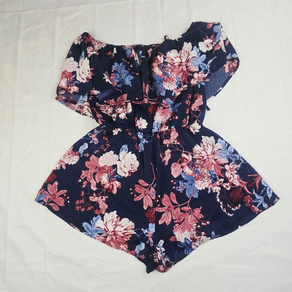 Women's Floral Ruffle Romper Navy Pink Off The Shoulder Summer Jumpsuit J46